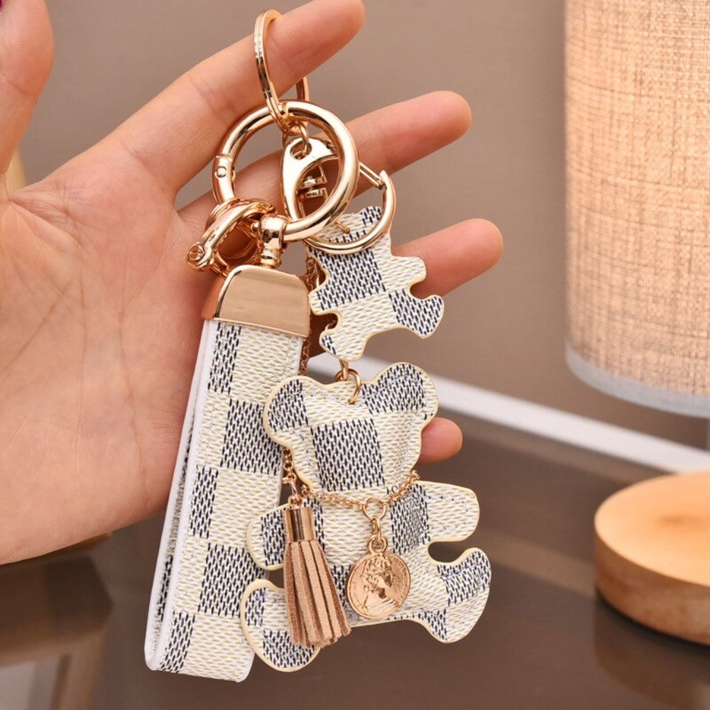 Teddy Bear Shaped Louis Vuitton Style Damier Keychain/Bag Charm (With Strap) NWT